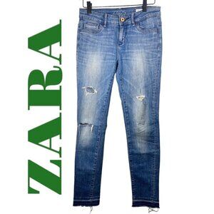 ZARA‎ Basic Z1975 Distressed Busted Knee Mid-Rise Skinny Jeans Fringe Hem Size 4